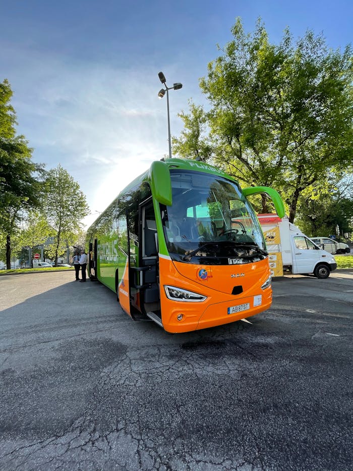 A brightly colored bus parked outdoors amidst trees, capturing urban transportation.